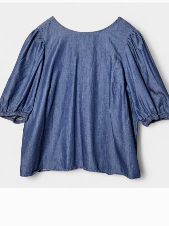 Eloquii Tops - Eloquii Denim Puff Sleeve Blouse Chambray Blue 18 Plus‎ Size Casual Minimalist